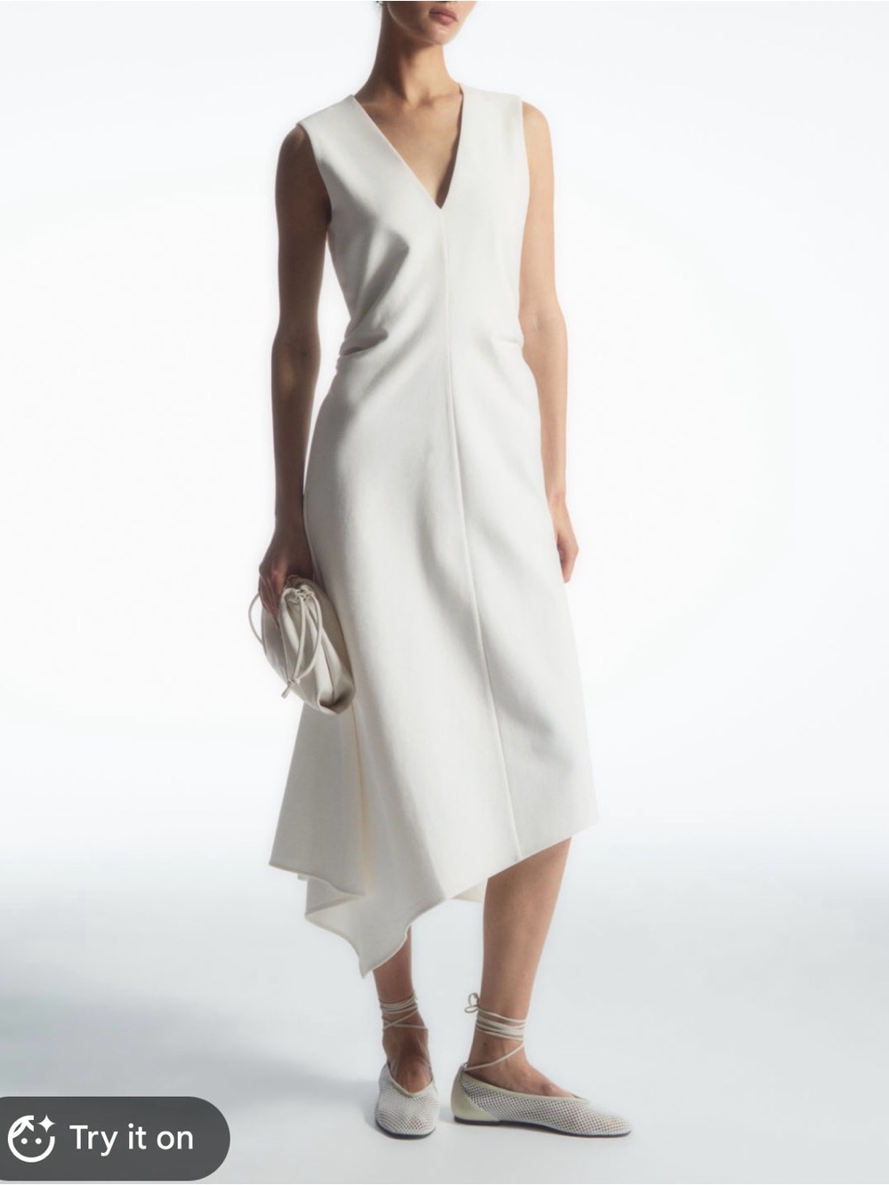 COS Cream Sleeveless V-Neck Midi Dress with Side Ruching